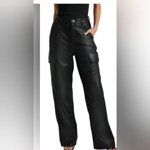 Faux Leather Mid Rise Black Cargo Pants